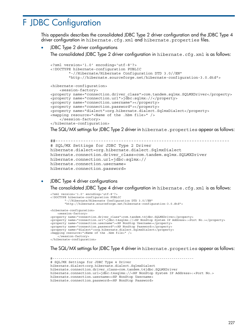 F jdbc configuration, Appendix f: jdbc configuration, Jdbc | HP Integrity NonStop J-Series User Manual | Page 227 / 470