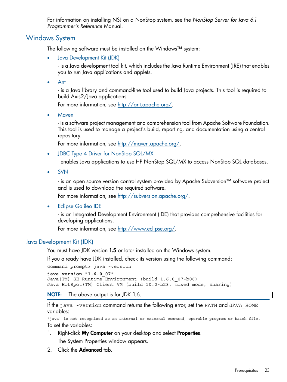 Windows system, Java development kit (jdk) | HP Integrity NonStop J-Series User Manual | Page 23 / 470