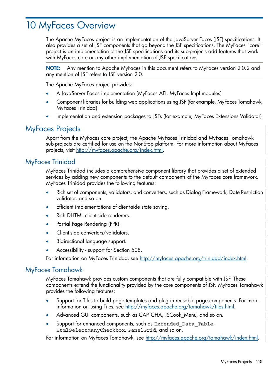 10 myfaces overview, Myfaces projects, Myfaces trinidad | Myfaces tomahawk, Myfaces trinidad myfaces tomahawk, Chapter 10: myfaces overview | HP Integrity NonStop J-Series User Manual | Page 231 / 470