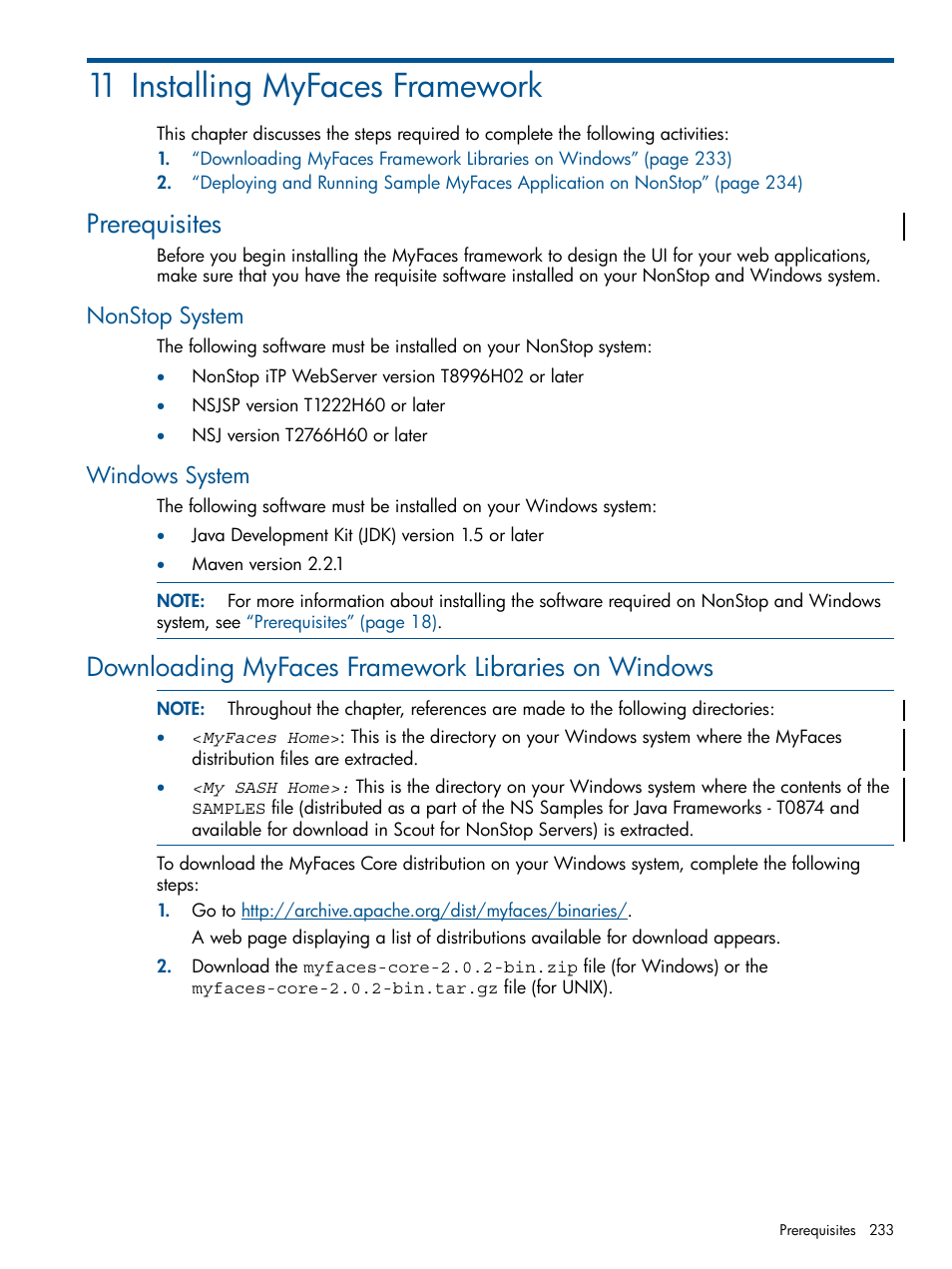 11 installing myfaces framework, Prerequisites, Nonstop system | Windows system, Downloading myfaces framework libraries on windows, Nonstop system windows system, Chapter 11: installing myfaces framework | HP Integrity NonStop J-Series User Manual | Page 233 / 470