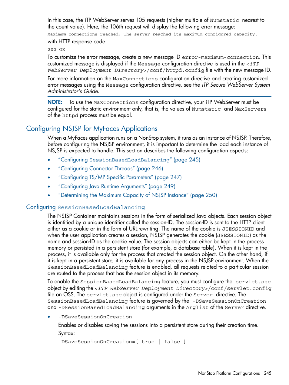 Configuring nsjsp for myfaces applications, Configuring sessionbasedloadbalancing | HP Integrity NonStop J-Series User Manual | Page 245 / 470