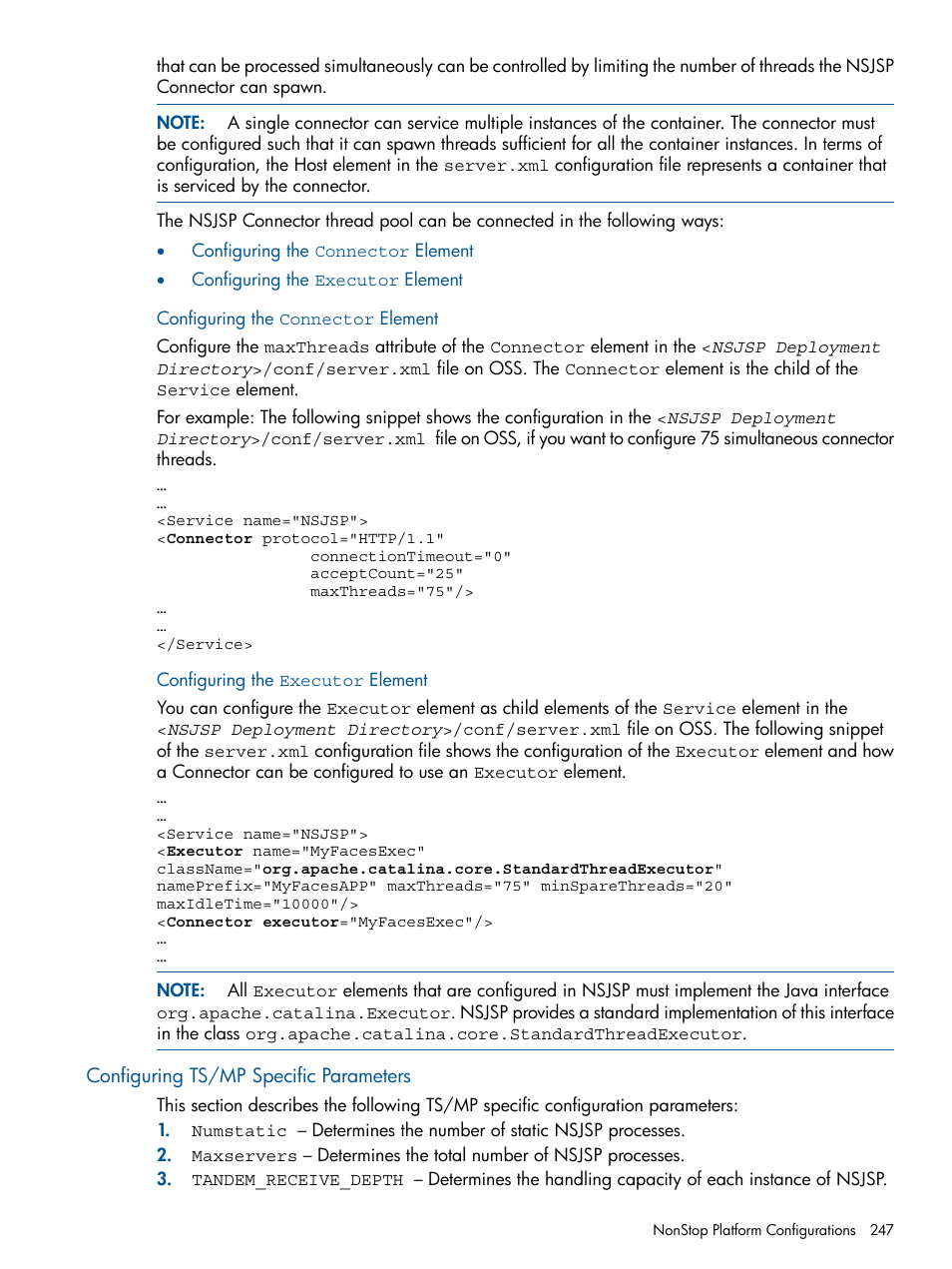 Configuring the connector element, Configuring the executor element, Configuring ts/mp specific parameters | HP Integrity NonStop J-Series User Manual | Page 247 / 470