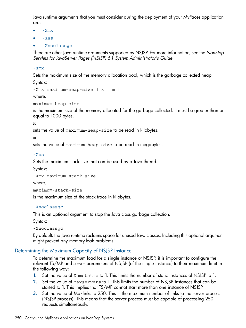 Xnoclassgc, Determining the maximum capacity of nsjsp instance | HP Integrity NonStop J-Series User Manual | Page 250 / 470