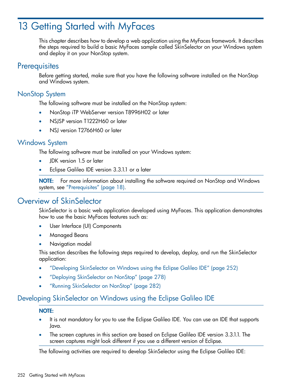 13 getting started with myfaces, Prerequisites, Nonstop system | Windows system, Overview of skinselector, Nonstop system windows system, Chapter 13: getting started with myfaces | HP Integrity NonStop J-Series User Manual | Page 252 / 470