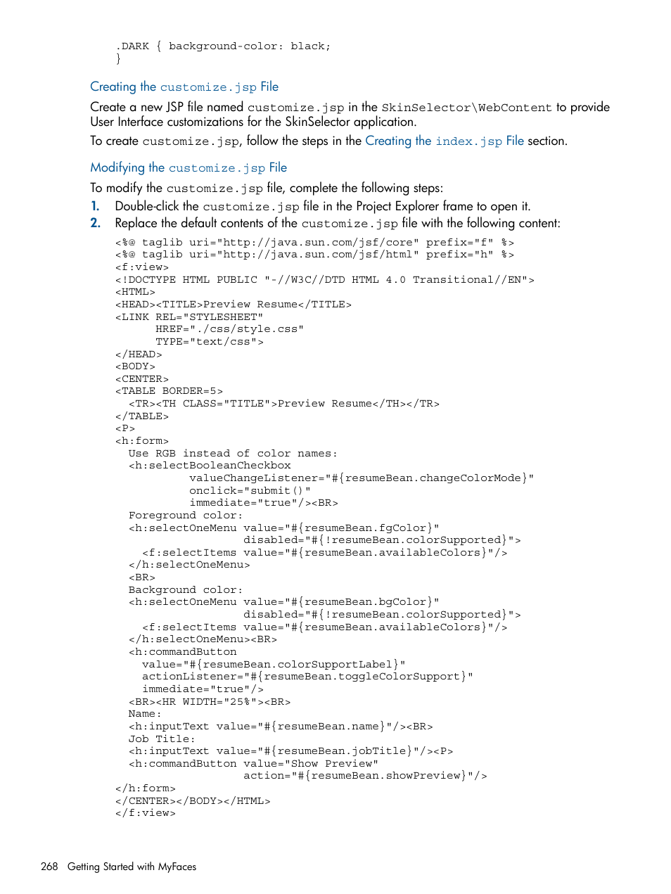Creating the customize.jsp file, Modifying the customize.jsp file | HP Integrity NonStop J-Series User Manual | Page 268 / 470