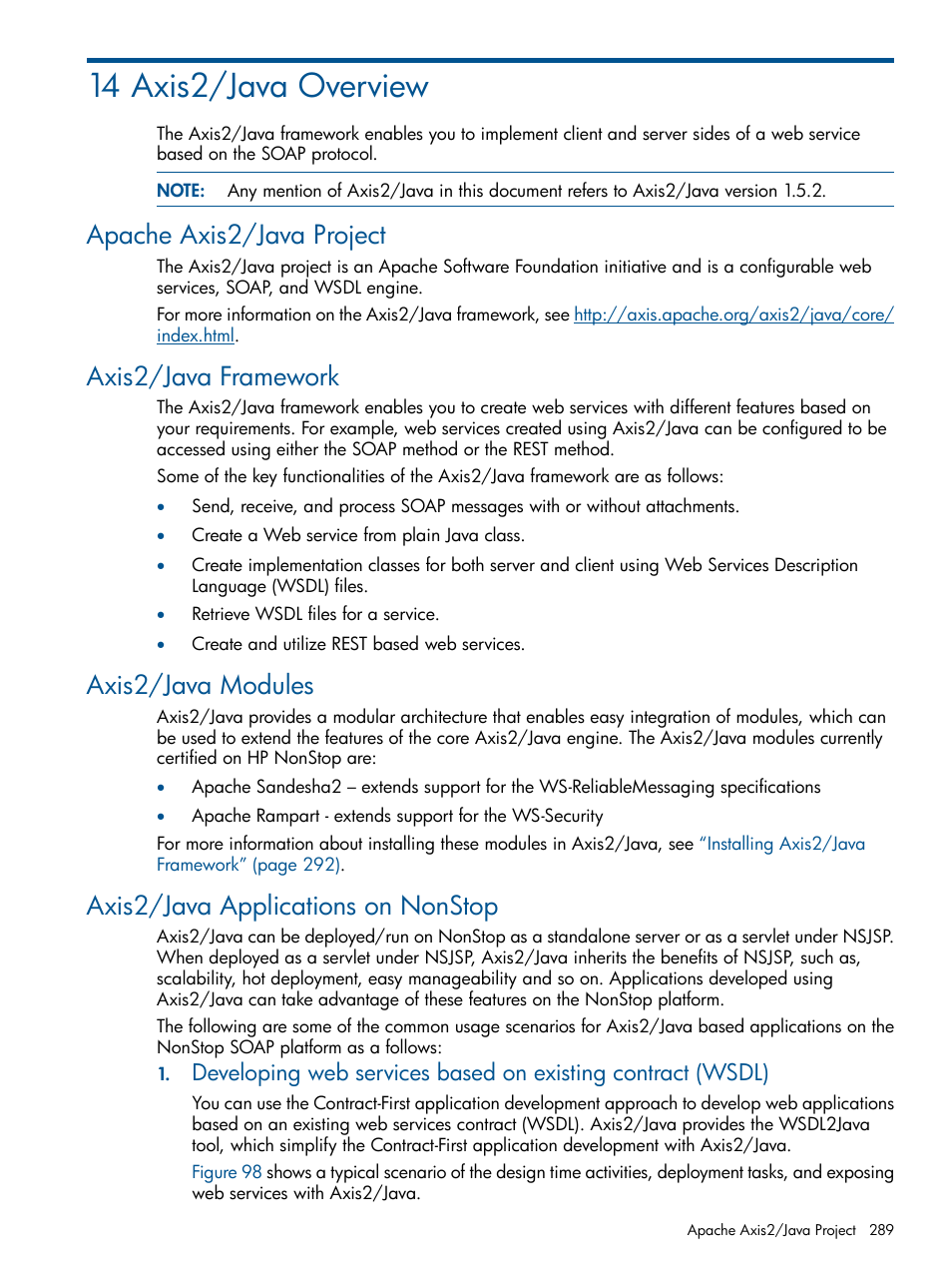 14 axis2/java overview, Apache axis2/java project, Axis2/java framework | Axis2/java modules, Axis2/java applications on nonstop, Chapter 14: axis2/java overview | HP Integrity NonStop J-Series User Manual | Page 289 / 470