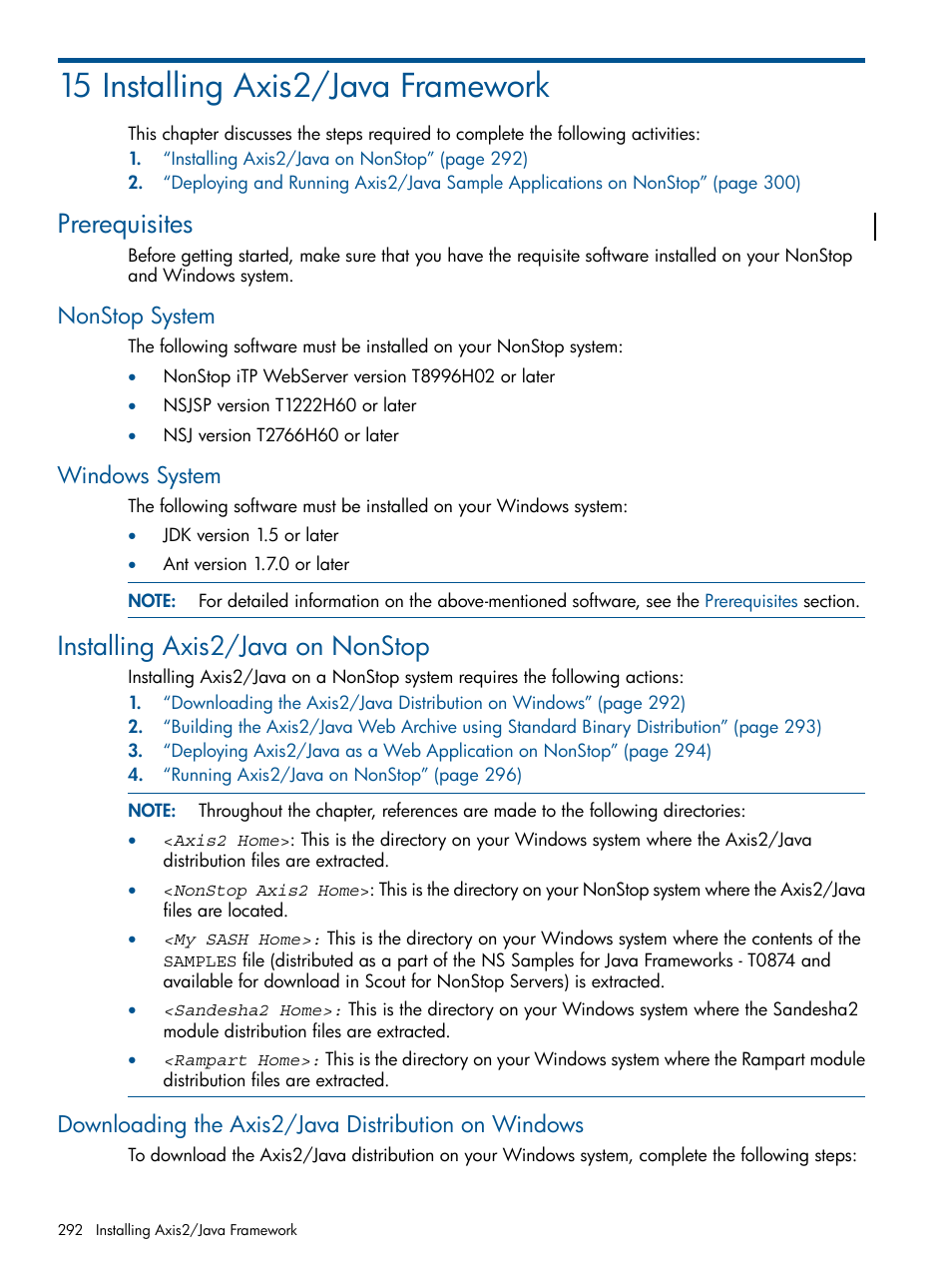 15 installing axis2/java framework, Prerequisites, Nonstop system | Windows system, Installing axis2/java on nonstop, Downloading the axis2/java distribution on windows, Nonstop system windows system, Chapter 15: installing axis2/java framework, Installing axis2/java | HP Integrity NonStop J-Series User Manual | Page 292 / 470