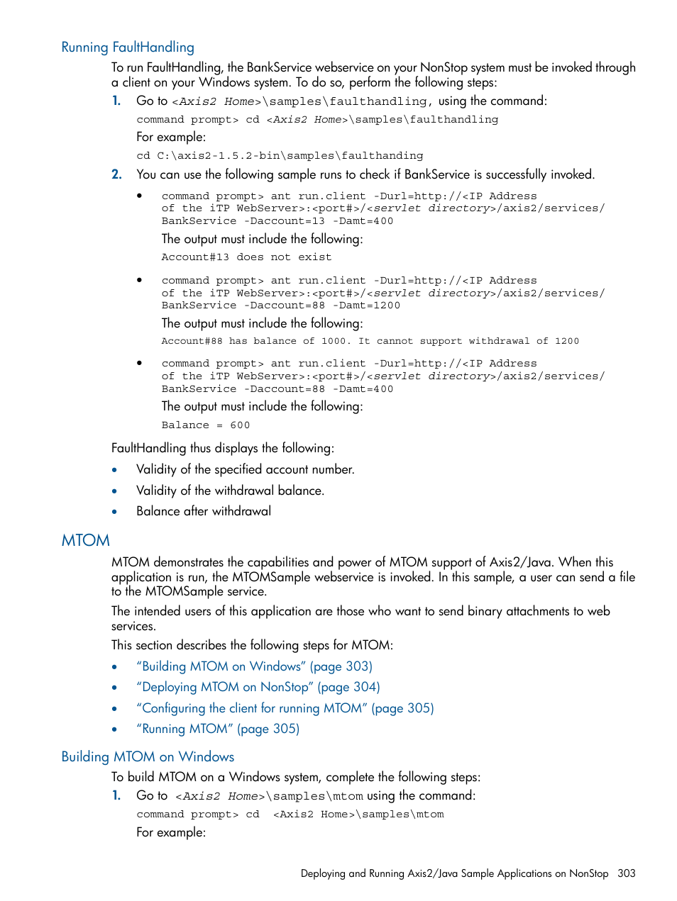 Running faulthandling, Mtom, Building mtom on windows | HP Integrity NonStop J-Series User Manual | Page 303 / 470