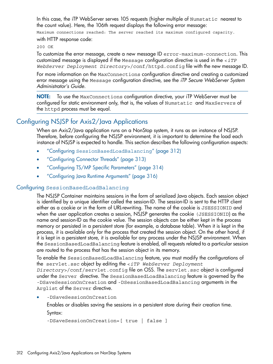 Configuring nsjsp for axis2/java applications, Configuring sessionbasedloadbalancing | HP Integrity NonStop J-Series User Manual | Page 312 / 470