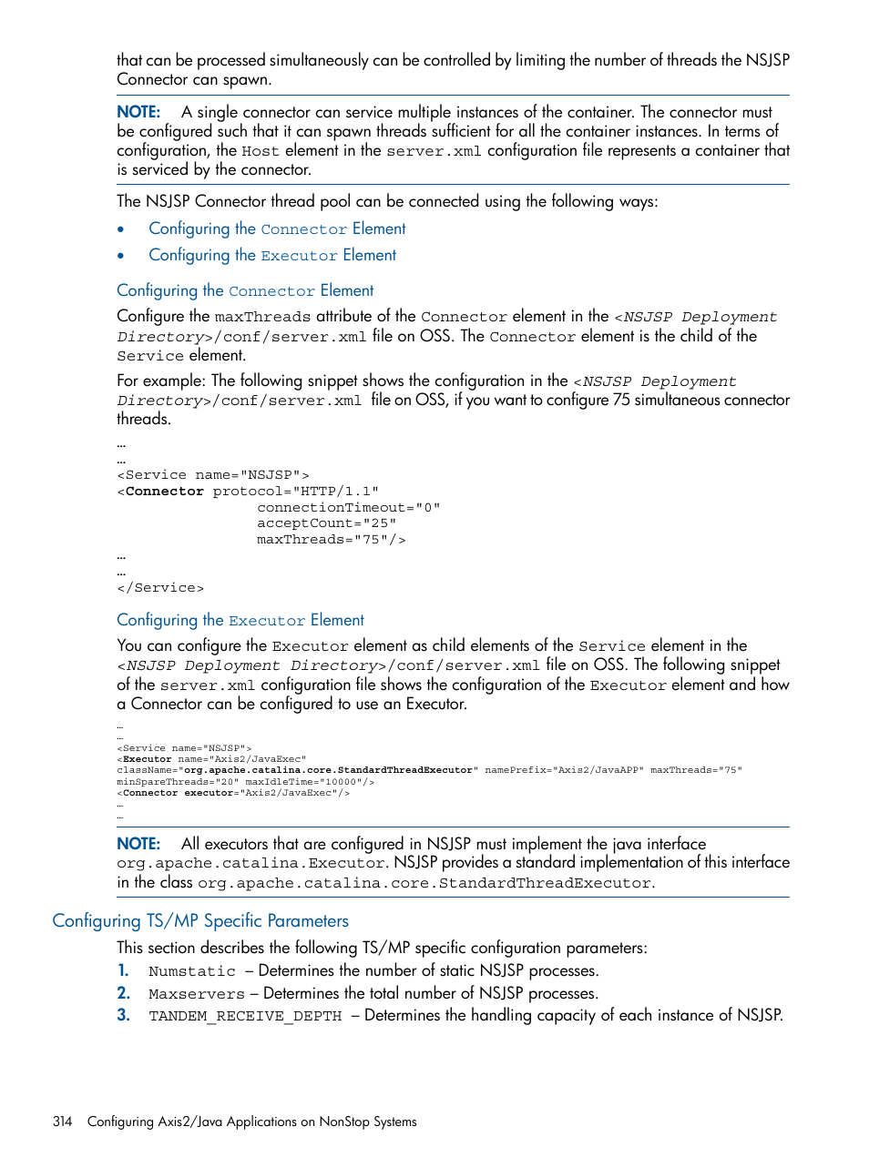 Configuring the connector element, Configuring the executor element, Configuring ts/mp specific parameters | HP Integrity NonStop J-Series User Manual | Page 314 / 470