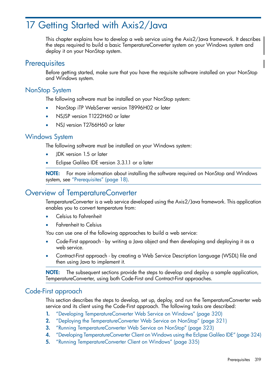 17 getting started with axis2/java, Prerequisites, Nonstop system | Windows system, Overview of temperatureconverter, Code-first approach, Nonstop system windows system, Chapter 17: getting started with axis2/java | HP Integrity NonStop J-Series User Manual | Page 319 / 470