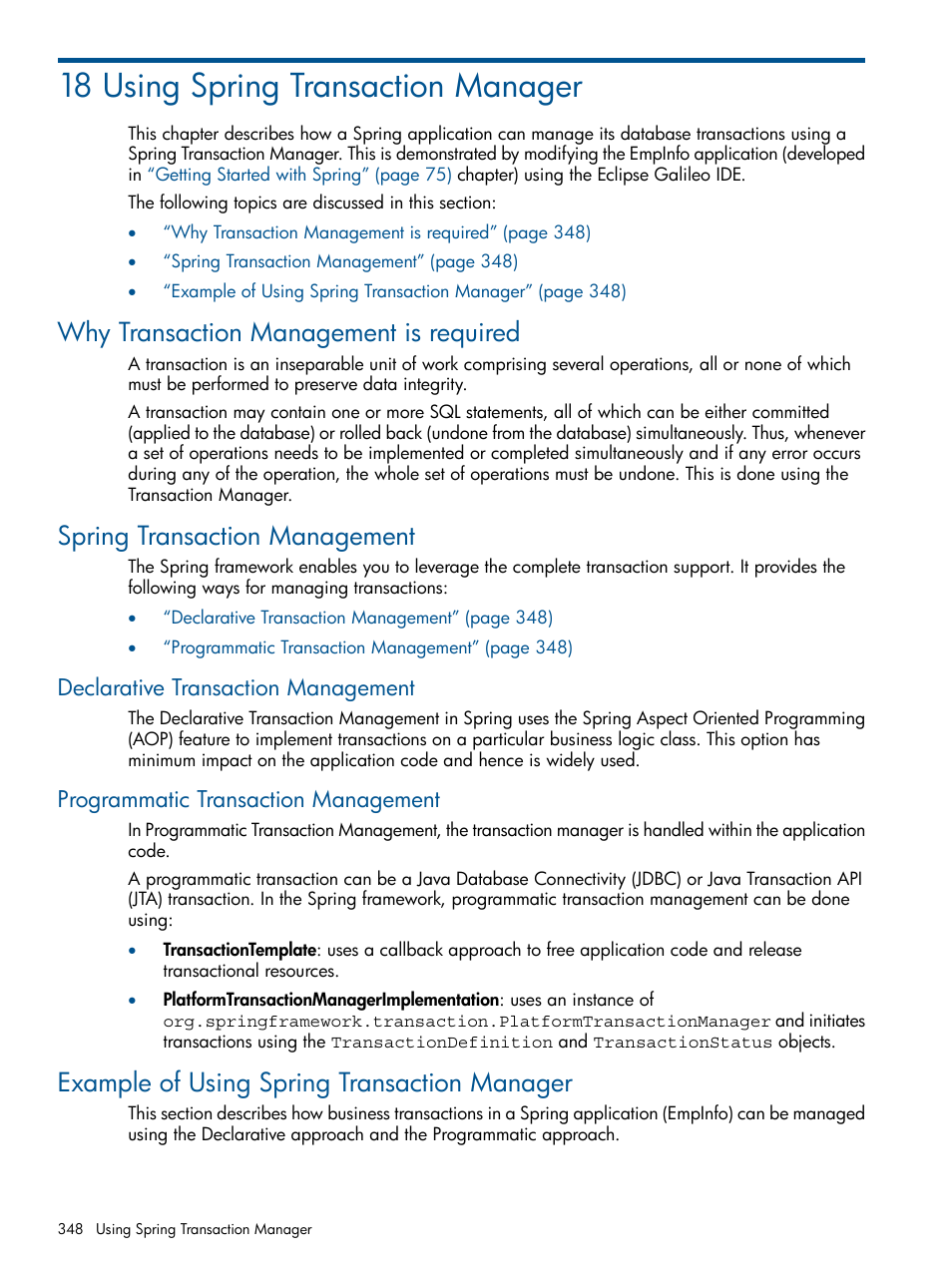 18 using spring transaction manager, Why transaction management is required, Spring transaction management | Declarative transaction management, Programmatic transaction management, Example of using spring transaction manager, Chapter 18: using spring transaction manager | HP Integrity NonStop J-Series User Manual | Page 348 / 470