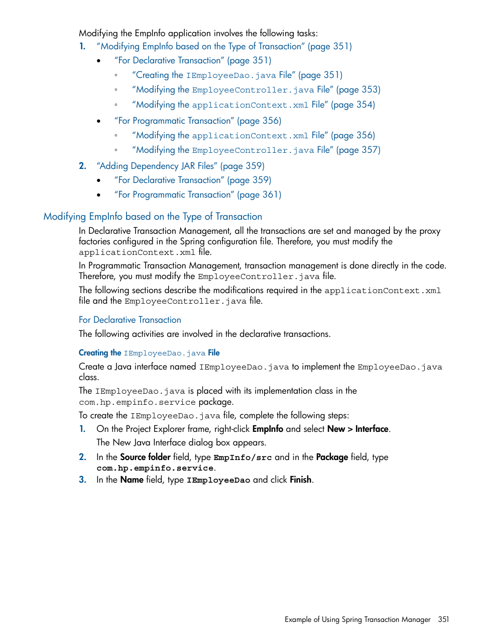 Modifying empinfo based on the type of transaction, For declarative transaction, Creating the iemployeedao.java file | HP Integrity NonStop J-Series User Manual | Page 351 / 470