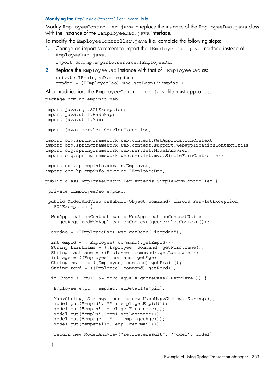 Modifying the employeecontroller.java file | HP Integrity NonStop J-Series User Manual | Page 353 / 470