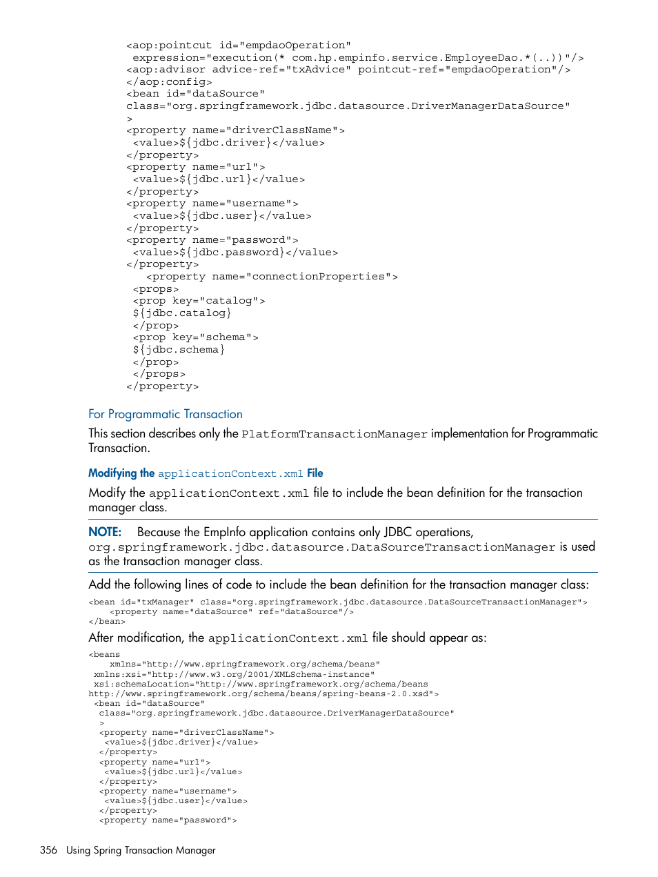For programmatic transaction, Modifying the applicationcontext.xml file | HP Integrity NonStop J-Series User Manual | Page 356 / 470
