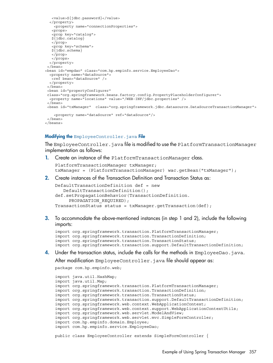 Modifying the employeecontroller.java file | HP Integrity NonStop J-Series User Manual | Page 357 / 470