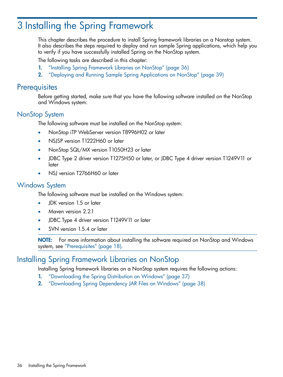 3 installing the spring framework, Prerequisites, Nonstop system | Windows system, Installing spring framework libraries on nonstop, Nonstop system windows system, Chapter 3: installing the spring framework | HP Integrity NonStop J-Series User Manual | Page 36 / 470