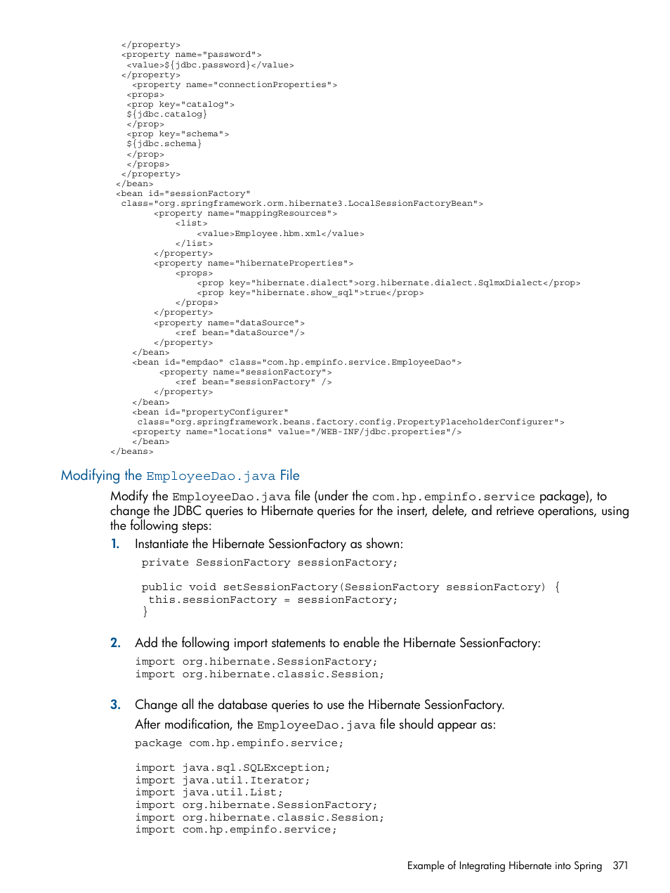 Modifying the employeedao.java file | HP Integrity NonStop J-Series User Manual | Page 371 / 470
