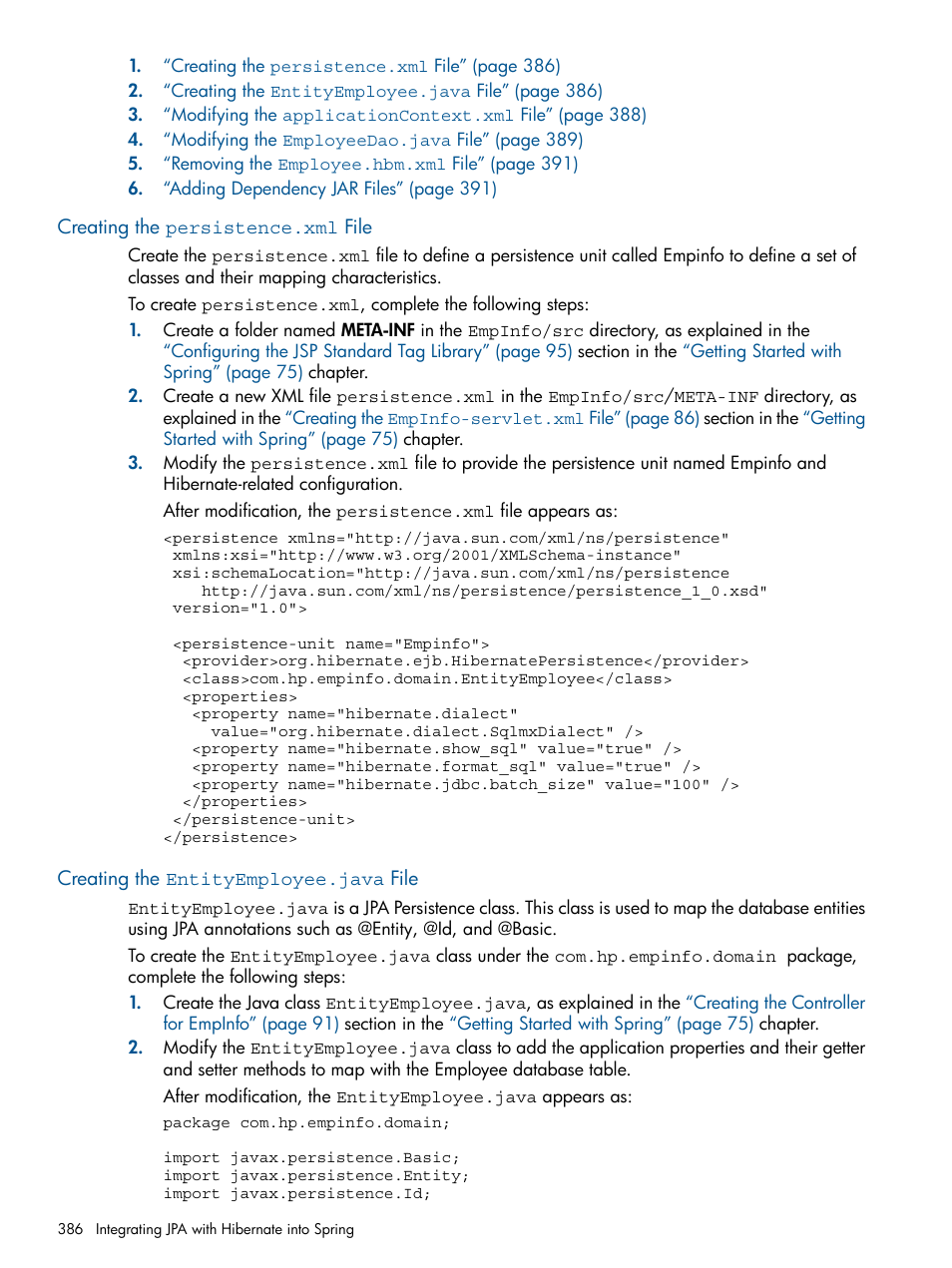 Creating the persistence.xml file, Creating the entityemployee.java file | HP Integrity NonStop J-Series User Manual | Page 386 / 470