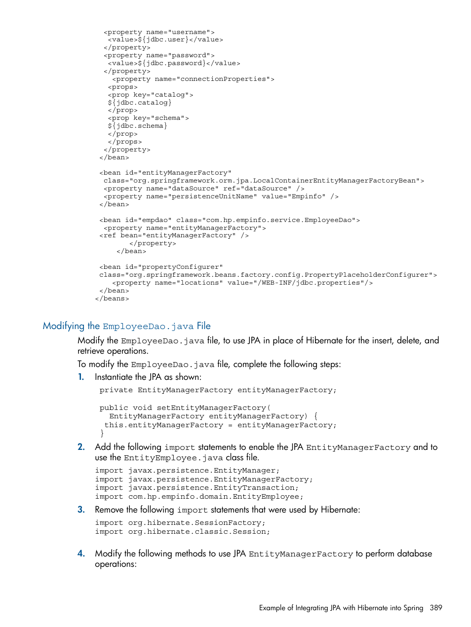 Modifying the employeedao.java file | HP Integrity NonStop J-Series User Manual | Page 389 / 470