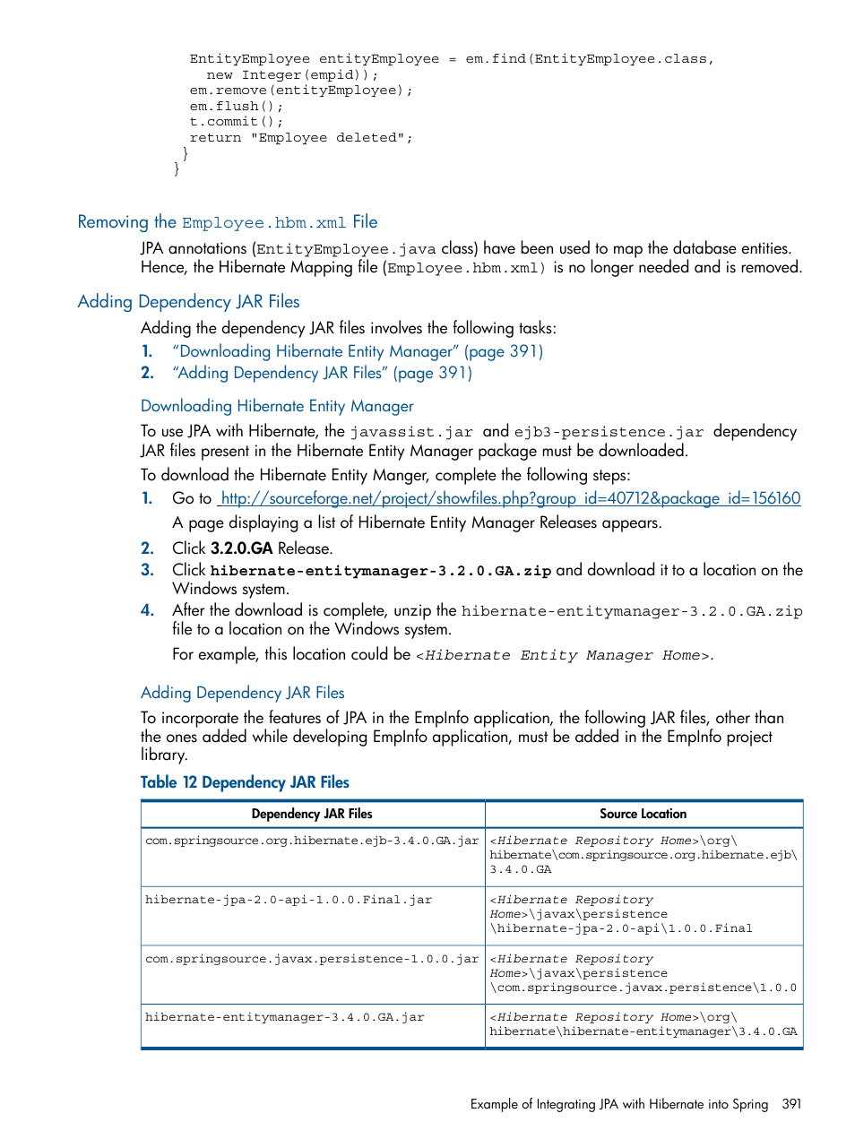 Removing the employee.hbm.xml file, Adding dependency jar files, Downloading hibernate entity manager | HP Integrity NonStop J-Series User Manual | Page 391 / 470