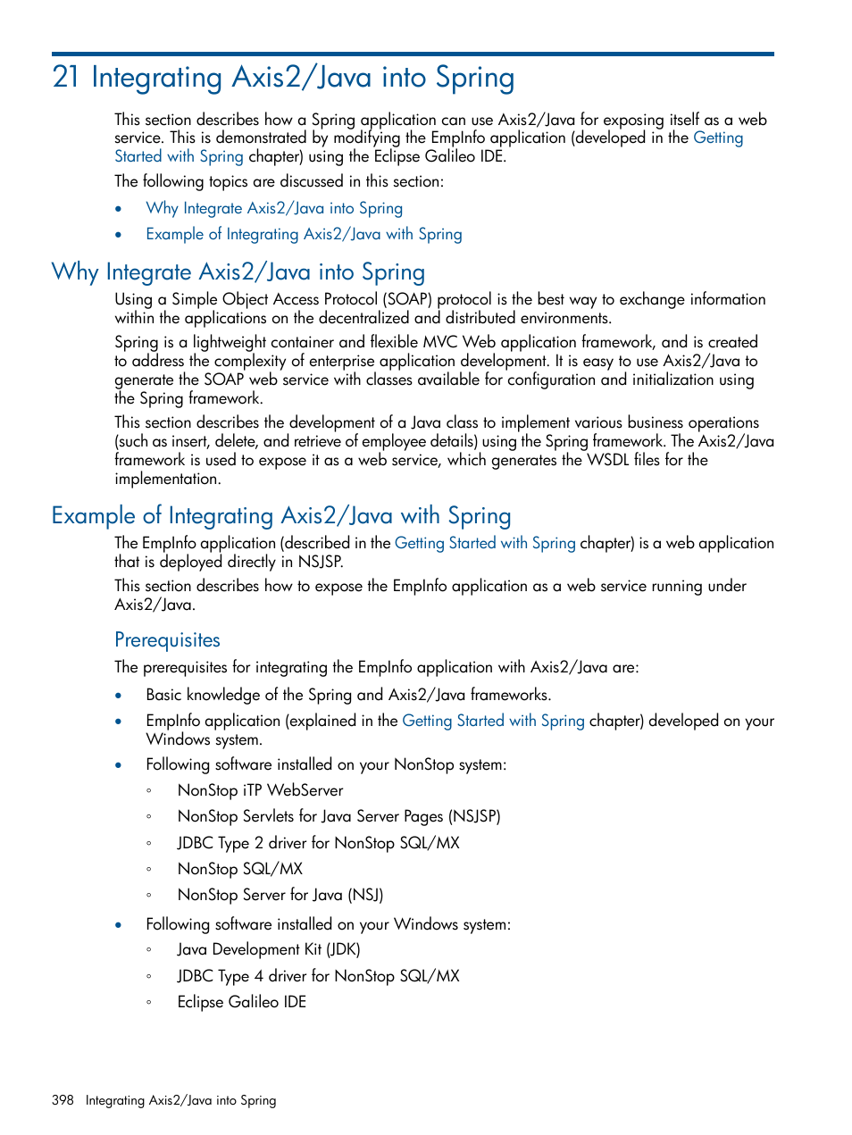 21 integrating axis2/java into spring, Why integrate axis2/java into spring, Example of integrating axis2/java with spring | Prerequisites | HP Integrity NonStop J-Series User Manual | Page 398 / 470