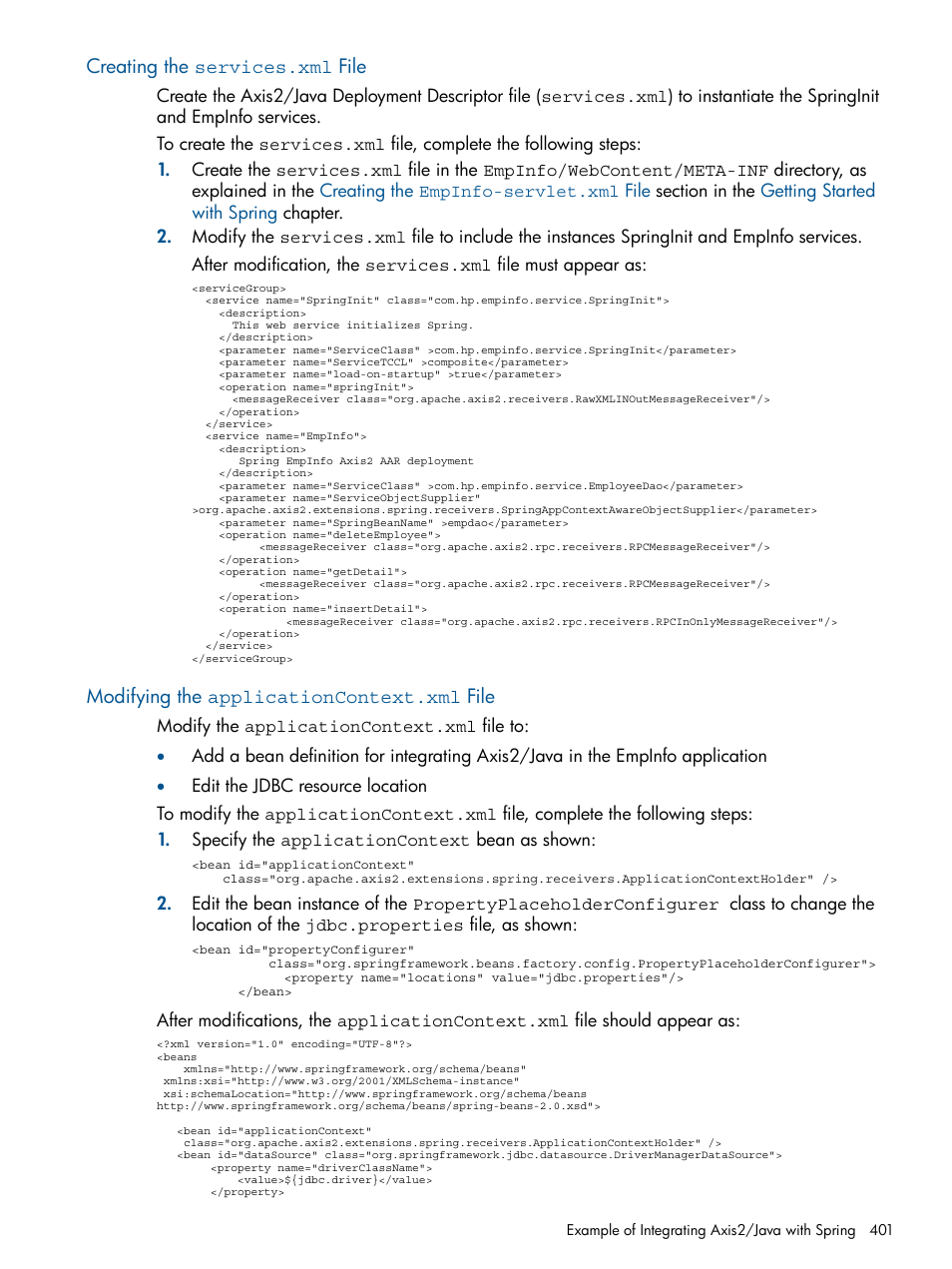 Creating the services.xml file, Modifying the applicationcontext.xml file | HP Integrity NonStop J-Series User Manual | Page 401 / 470