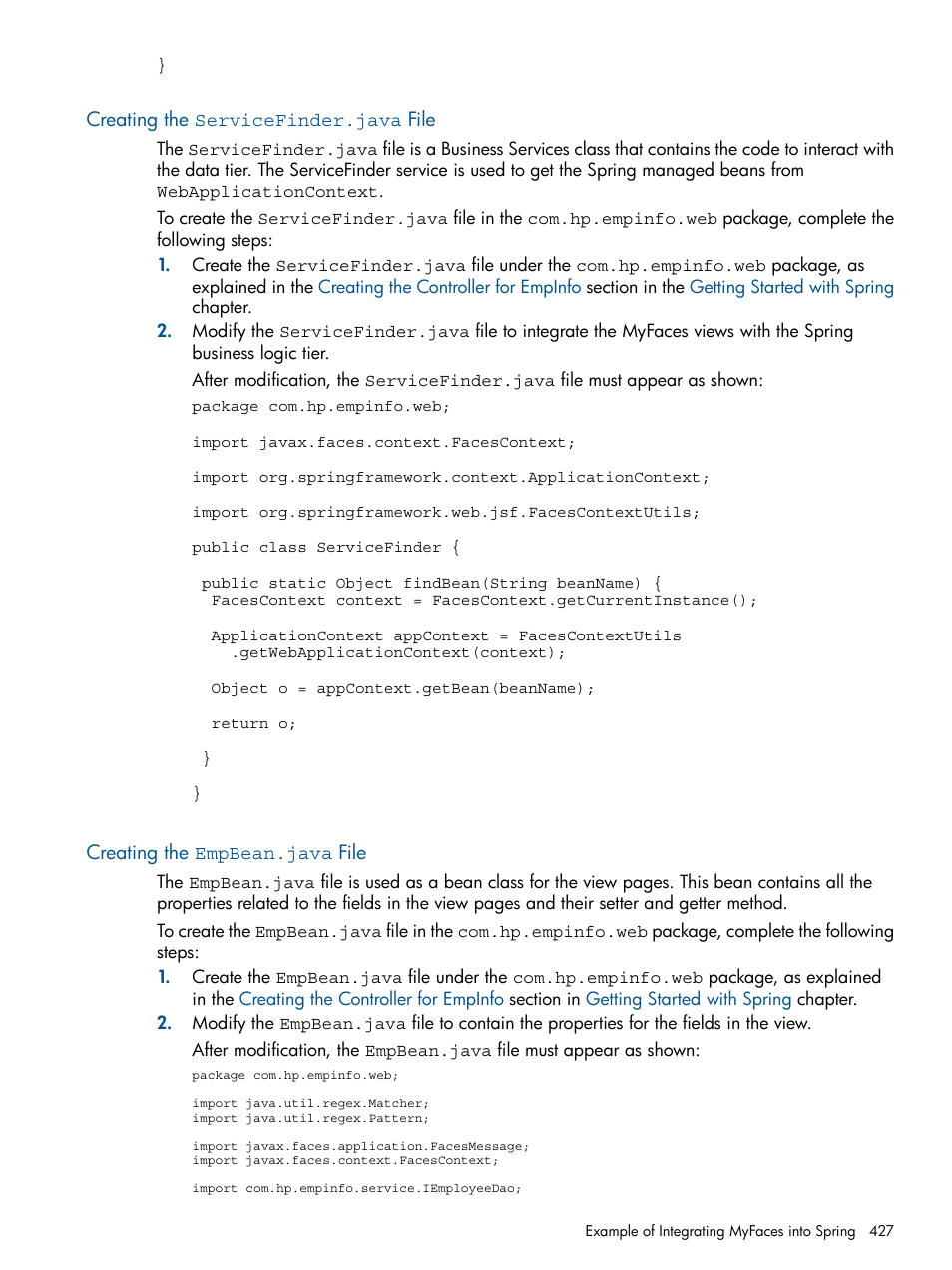 Creating the servicefinder.java file, Creating the empbean.java file | HP Integrity NonStop J-Series User Manual | Page 427 / 470