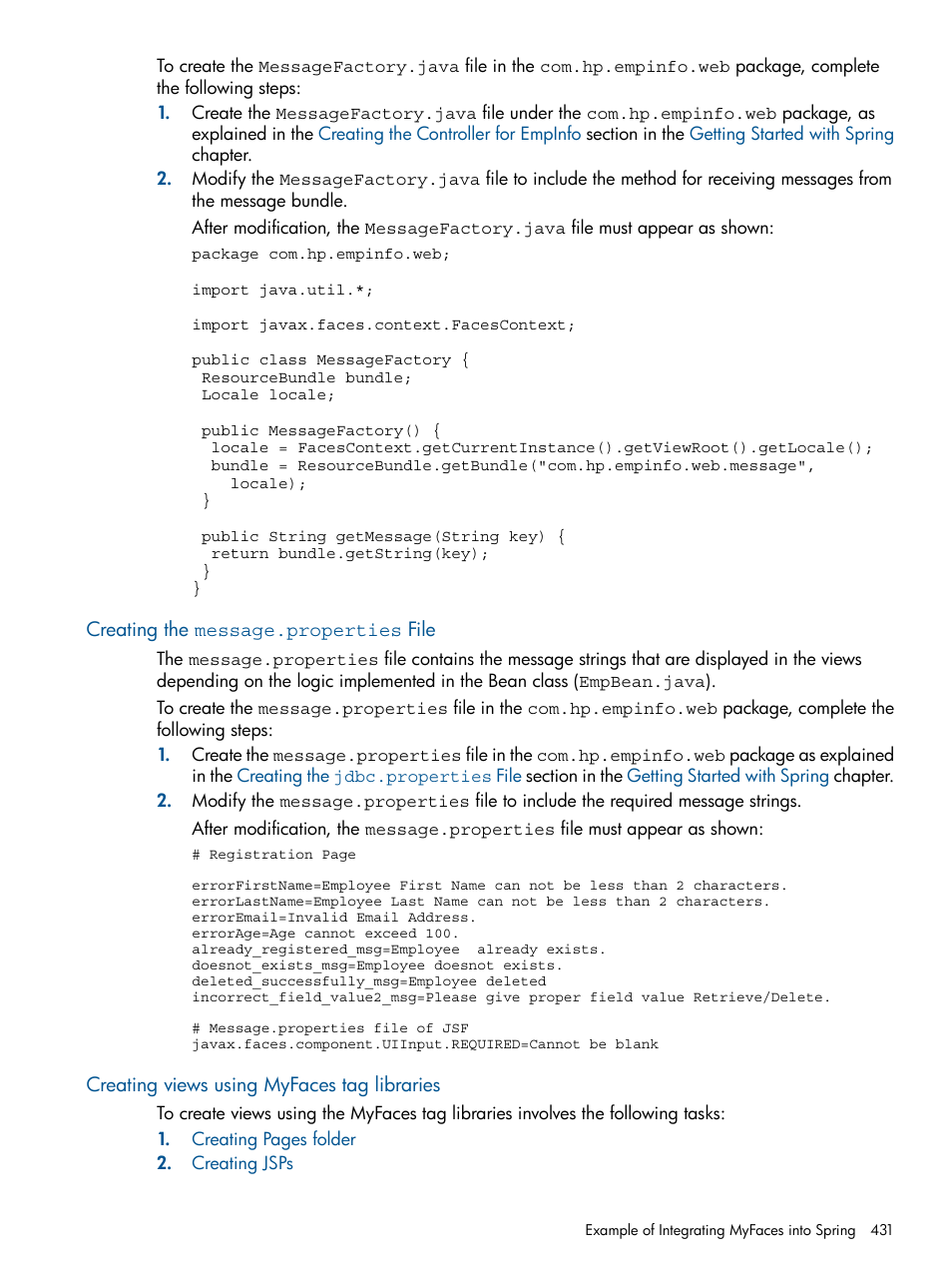 Creating the message.properties file, Creating views using myfaces tag libraries | HP Integrity NonStop J-Series User Manual | Page 431 / 470