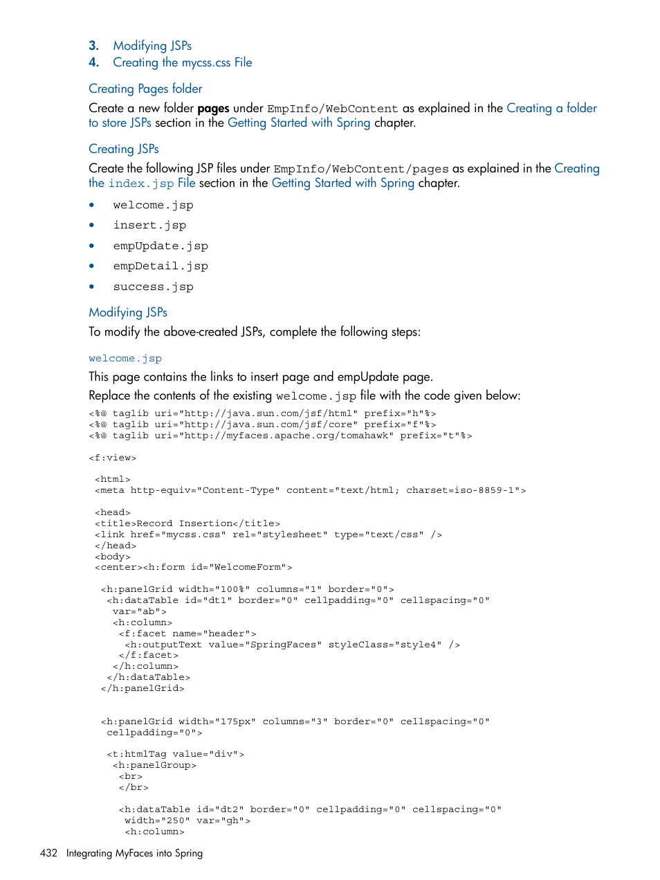 Creating jsps, Modifying jsps, Welcome.jsp | HP Integrity NonStop J-Series User Manual | Page 432 / 470
