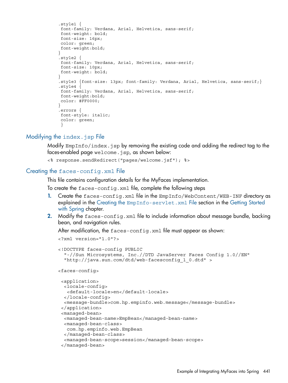 Modifying the index.jsp file, Creating the faces-config.xml file | HP Integrity NonStop J-Series User Manual | Page 441 / 470