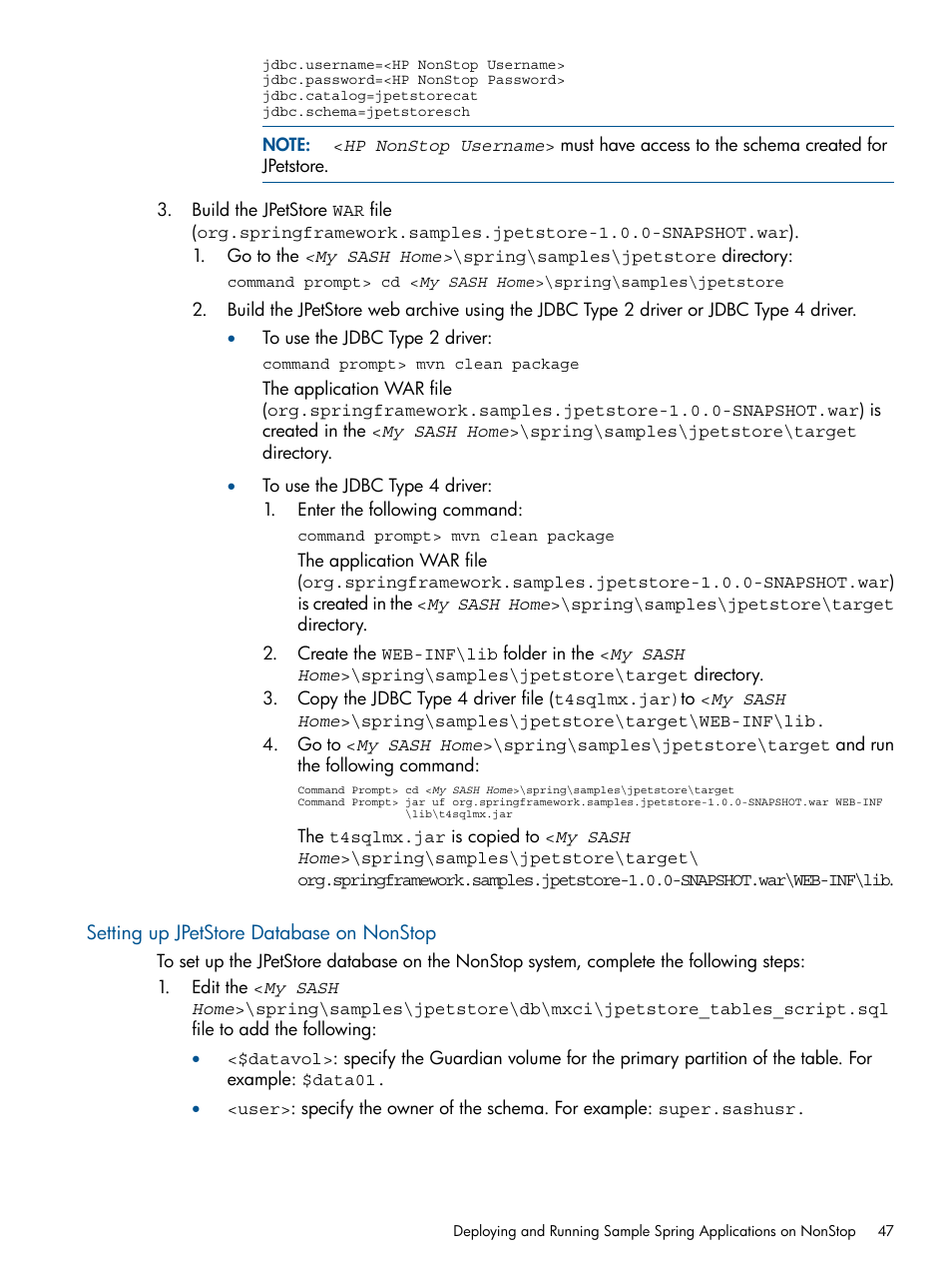 Setting up jpetstore database on nonstop | HP Integrity NonStop J-Series User Manual | Page 47 / 470