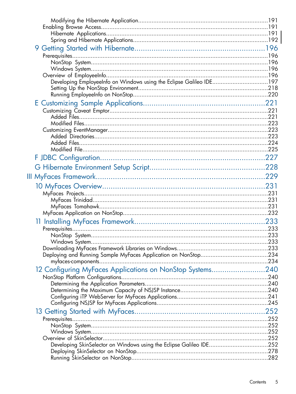 9 getting started with hibernate, E customizing sample applications, 11 installing myfaces framework | 13 getting started with myfaces | HP Integrity NonStop J-Series User Manual | Page 5 / 470