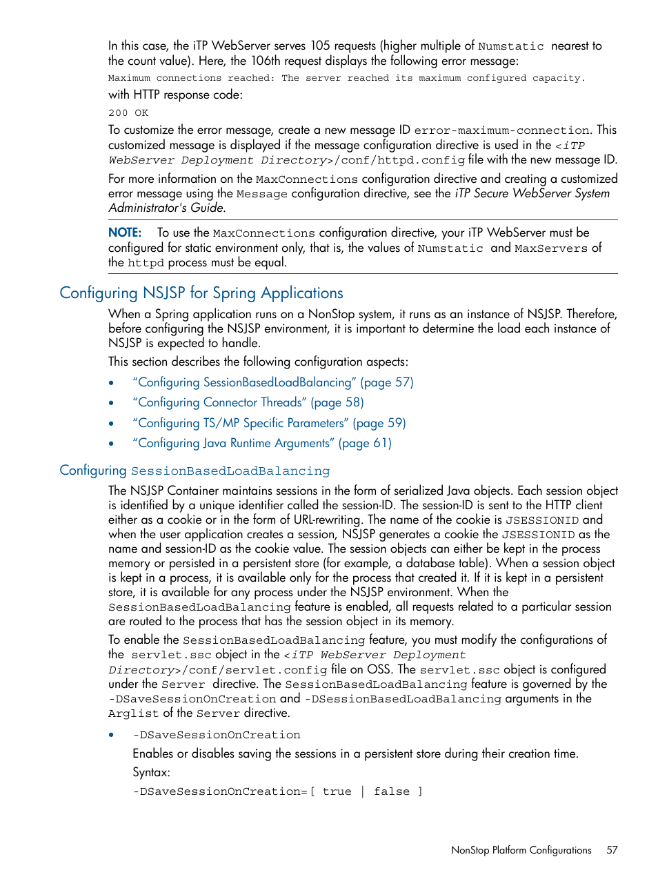 Configuring nsjsp for spring applications, Configuring sessionbasedloadbalancing | HP Integrity NonStop J-Series User Manual | Page 57 / 470