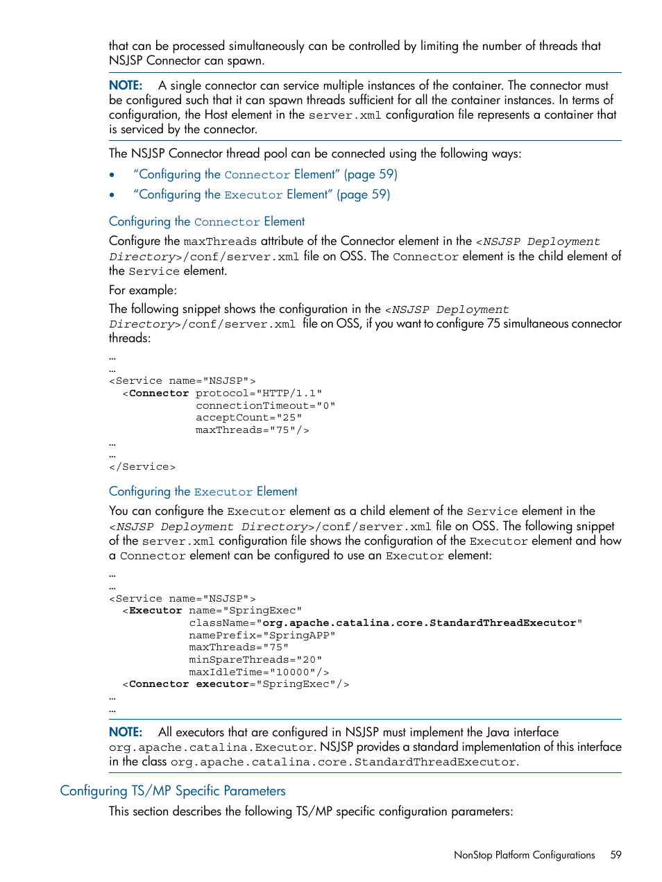 Configuring the connector element, Configuring the executor element, Configuring ts/mp specific parameters | HP Integrity NonStop J-Series User Manual | Page 59 / 470