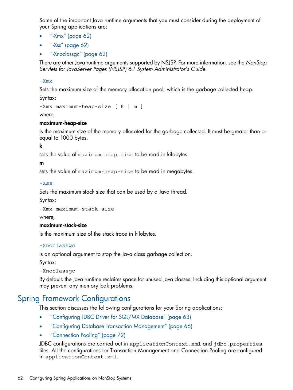 Xnoclassgc, Spring framework configurations | HP Integrity NonStop J-Series User Manual | Page 62 / 470
