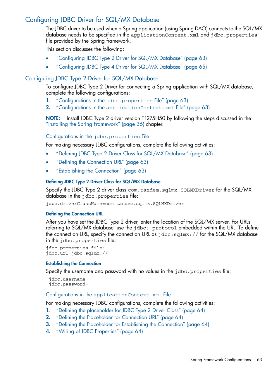 Configuring jdbc driver for sql/mx database, Configuring jdbc type 2 driver for sql/mx database, Configurations in the jdbc.properties file | Defining the connection url, Establishing the connection, Configurations in the applicationcontext.xml file | HP Integrity NonStop J-Series User Manual | Page 63 / 470