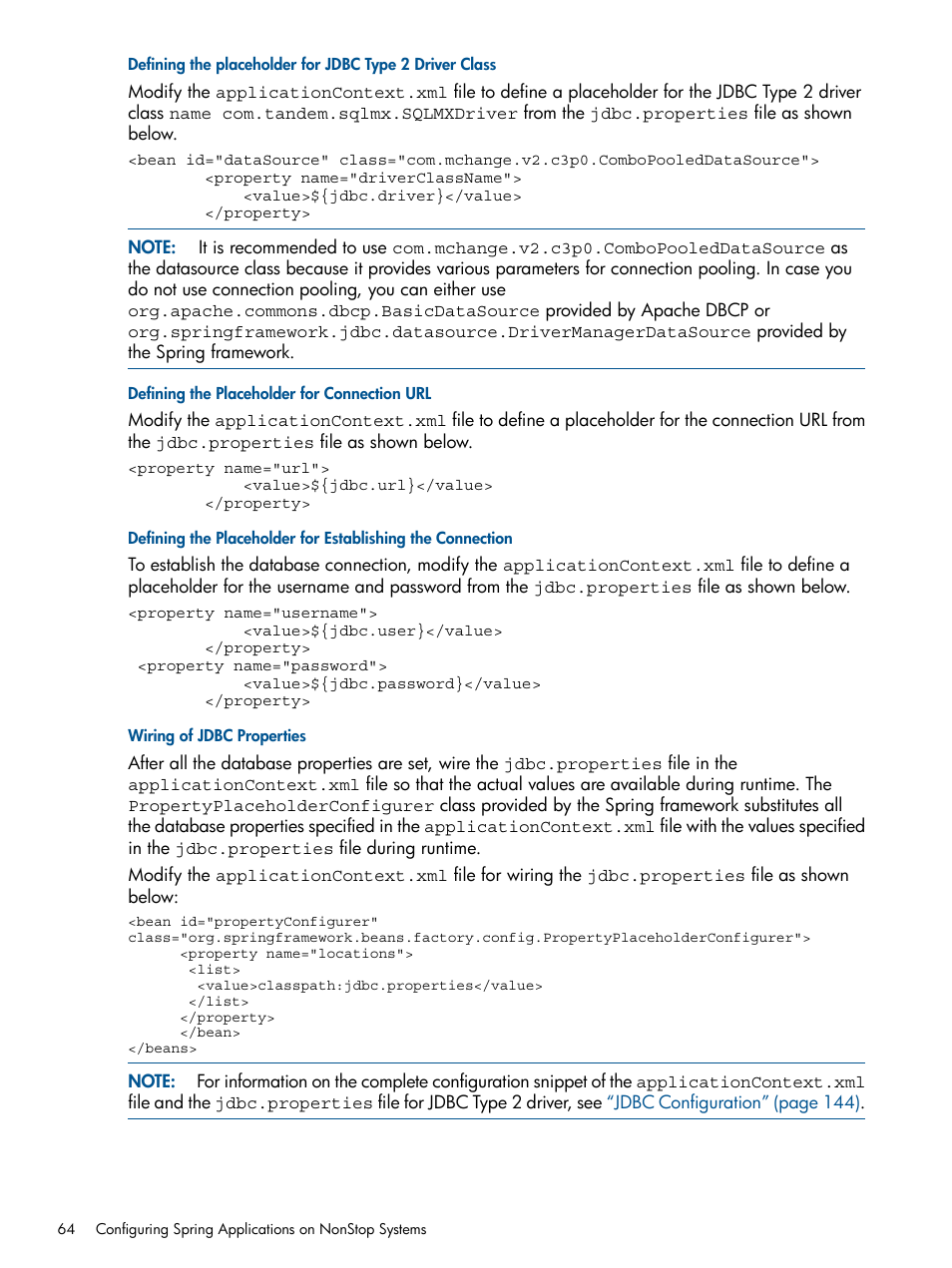 Defining the placeholder for connection url, Wiring of jdbc properties | HP Integrity NonStop J-Series User Manual | Page 64 / 470