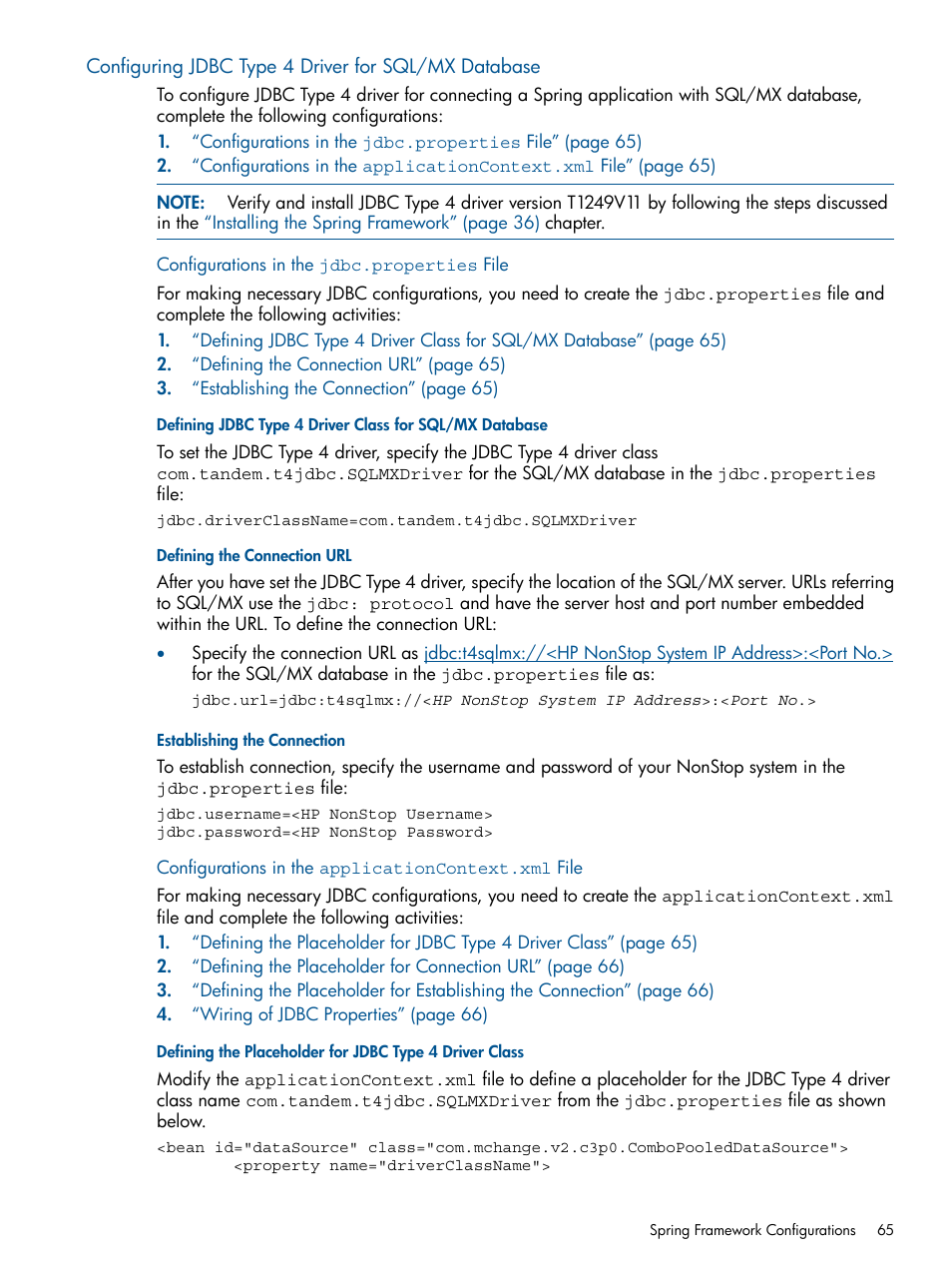 Configuring jdbc type 4 driver for sql/mx database, Configurations in the jdbc.properties file, Defining the connection url | Establishing the connection, Configurations in the applicationcontext.xml file | HP Integrity NonStop J-Series User Manual | Page 65 / 470