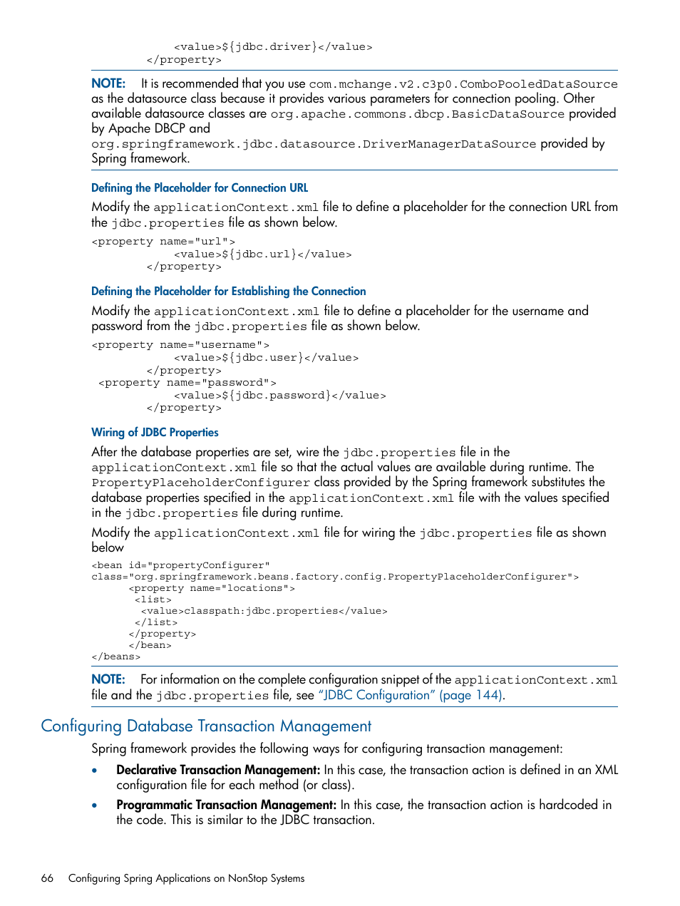 Defining the placeholder for connection url, Wiring of jdbc properties, Configuring database transaction management | HP Integrity NonStop J-Series User Manual | Page 66 / 470