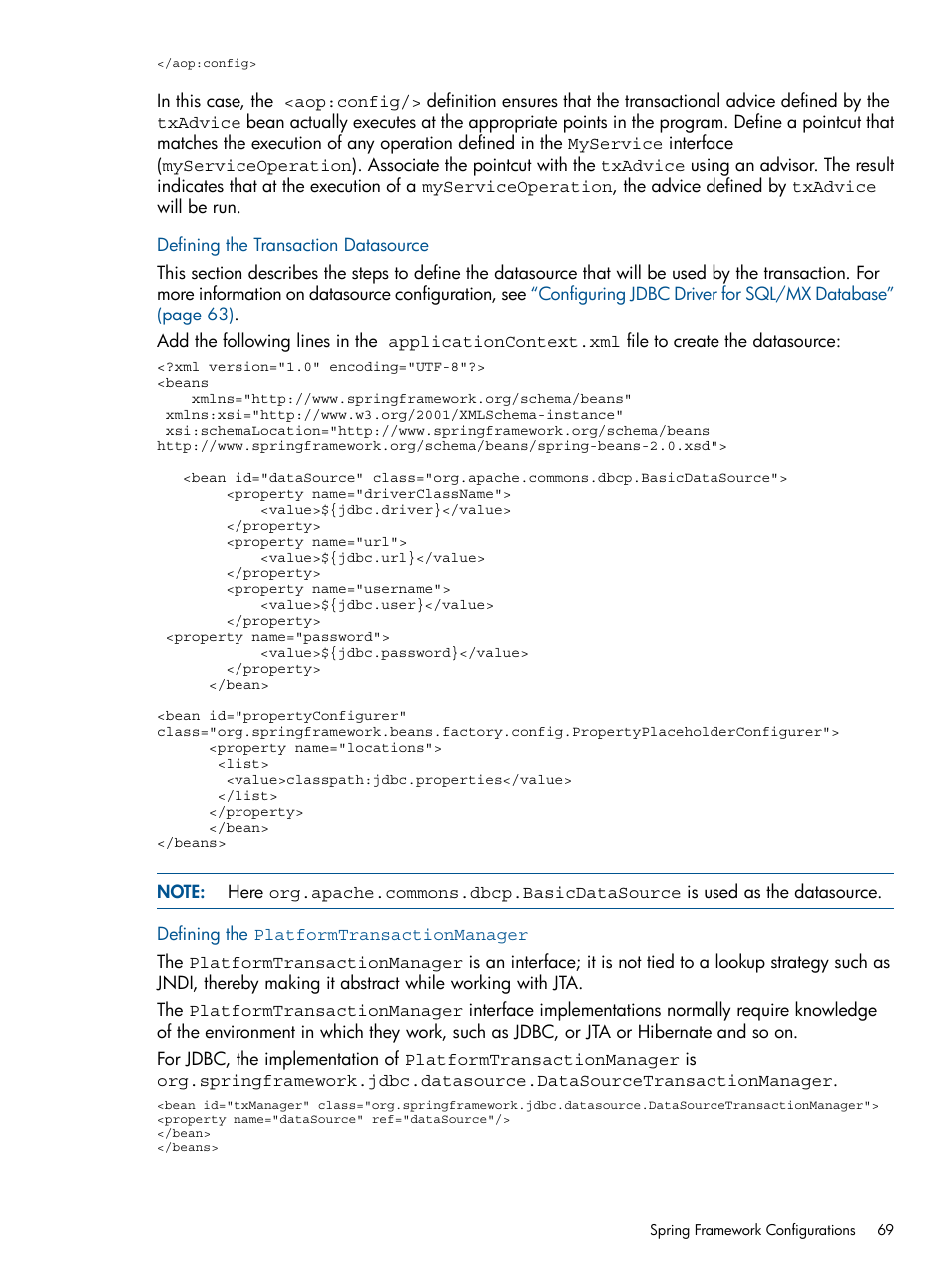 Defining the transaction datasource, Defining the platformtransactionmanager | HP Integrity NonStop J-Series User Manual | Page 69 / 470