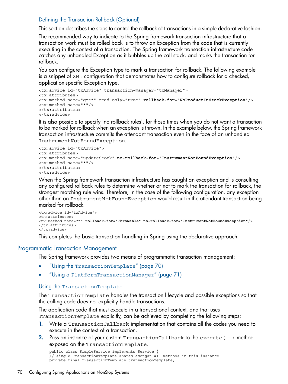 Defining the transaction rollback (optional), Programmatic transaction management, Using the transactiontemplate | HP Integrity NonStop J-Series User Manual | Page 70 / 470