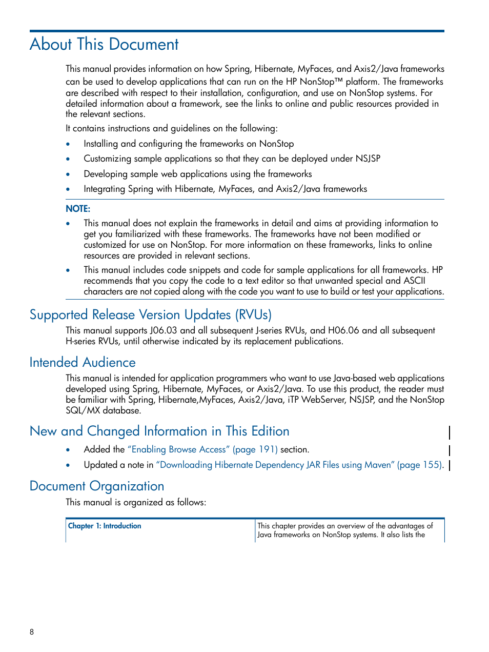 About this document, Supported release version updates (rvus), Intended audience | New and changed information in this edition, Document organization | HP Integrity NonStop J-Series User Manual | Page 8 / 470