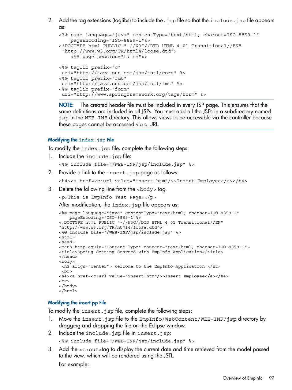 Modifying the index.jsp file, Modifying the insert.jsp file | HP Integrity NonStop J-Series User Manual | Page 97 / 470