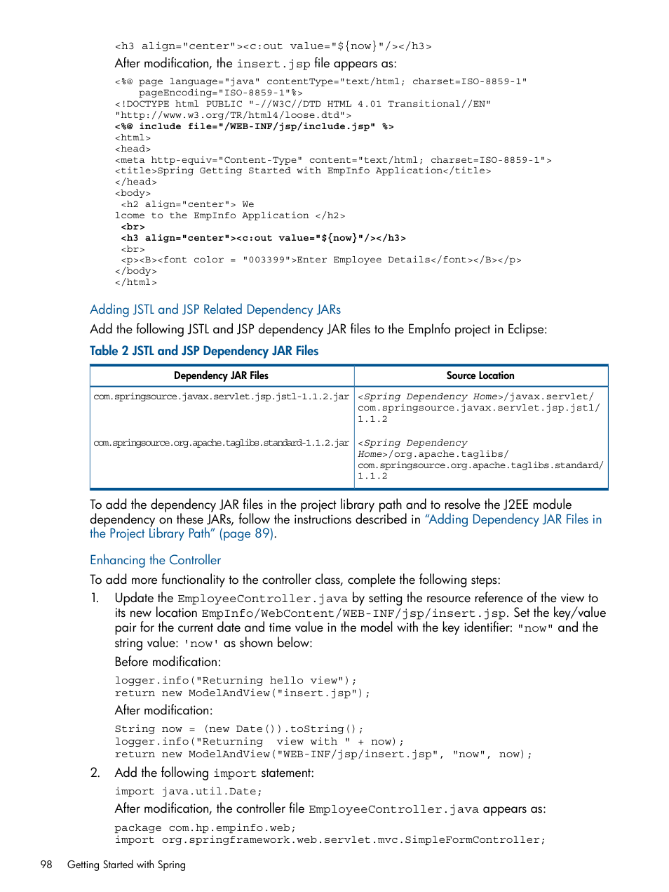 Adding jstl and jsp related dependency jars, Enhancing the controller | HP Integrity NonStop J-Series User Manual | Page 98 / 470