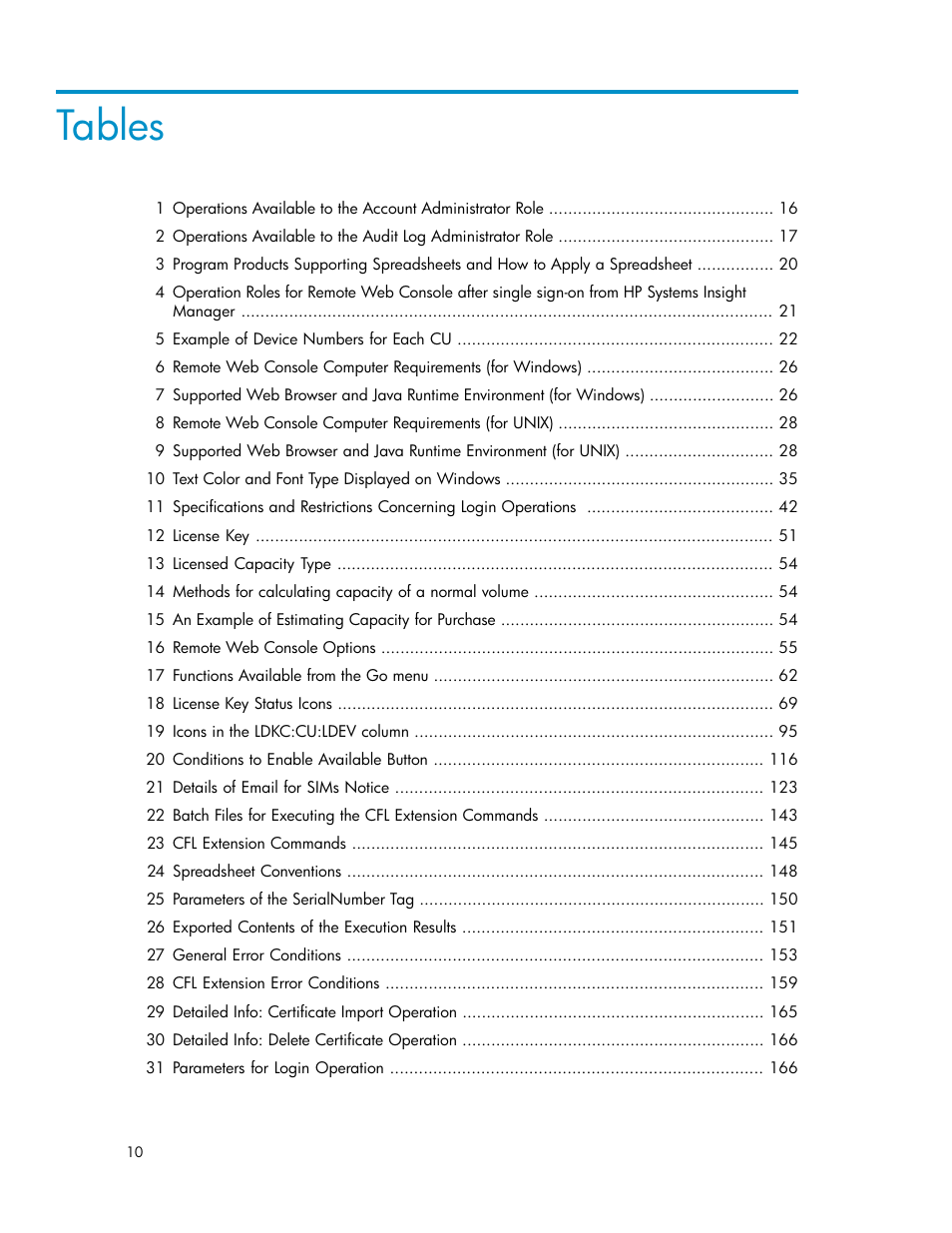 Tables | HP StorageWorks XP Remote Web Console Software User Manual | Page 10 / 174