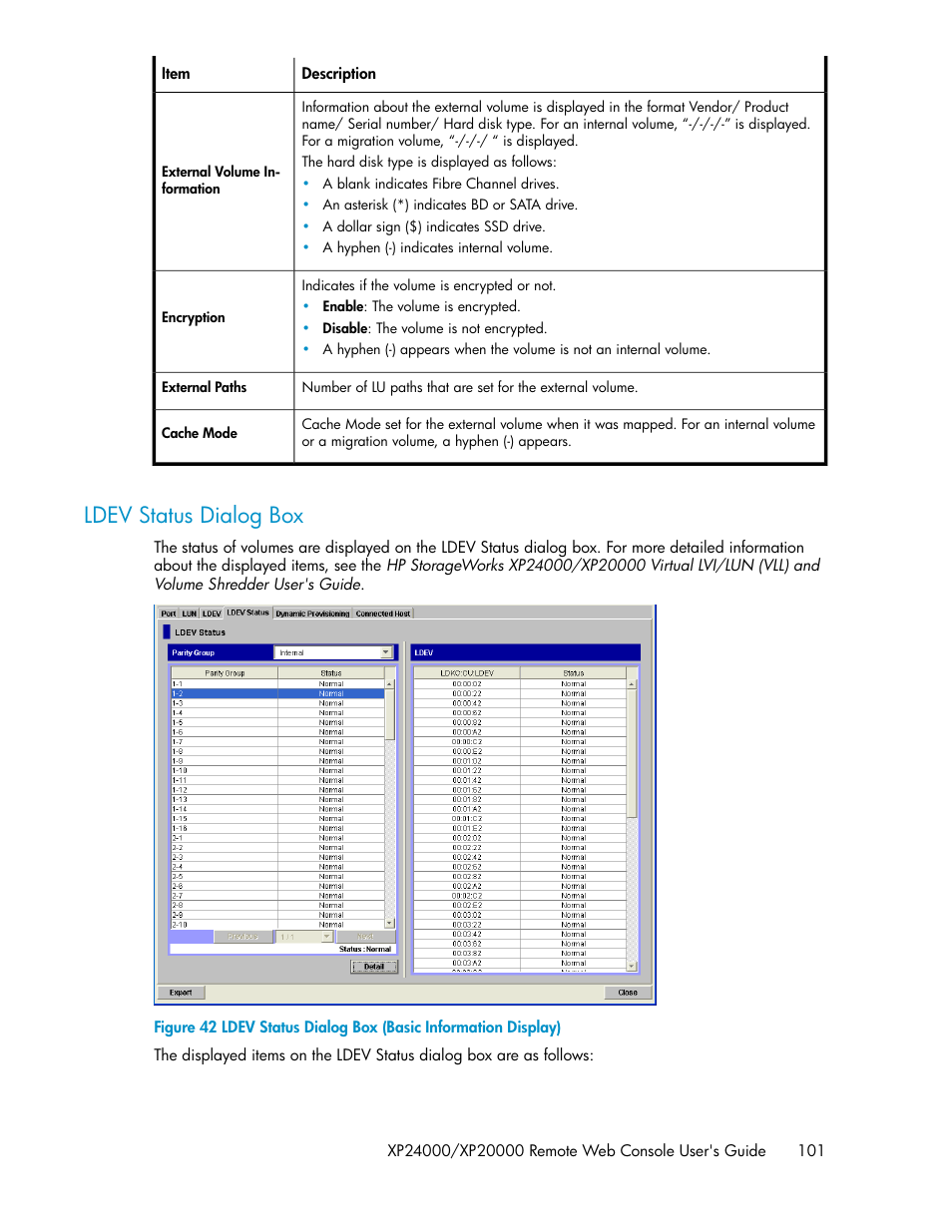 Ldev status dialog box, Ldev status dialog box (basic information display) | HP StorageWorks XP Remote Web Console Software User Manual | Page 101 / 174