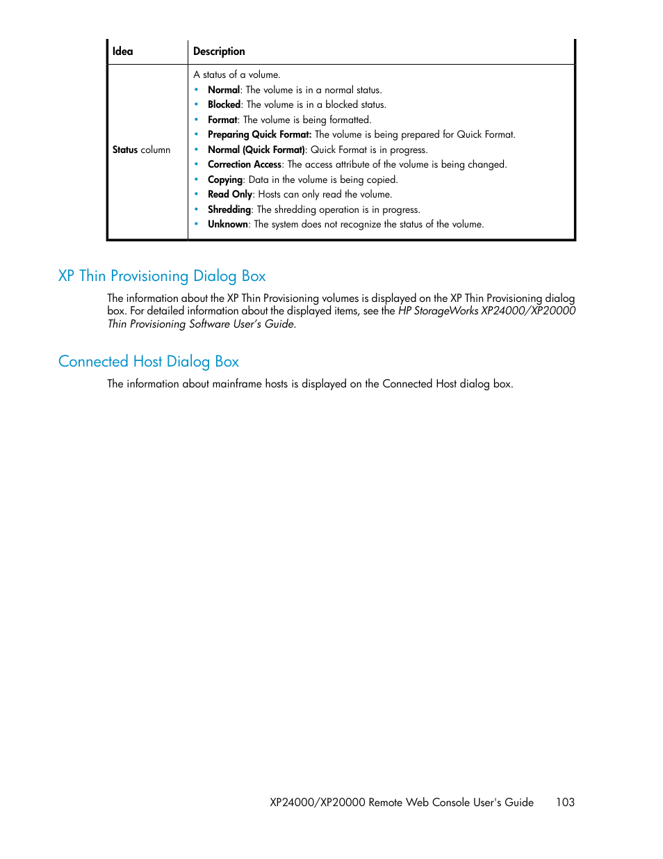 Xp thin provisioning dialog box, Connected host dialog box, 103 connected host dialog box | HP StorageWorks XP Remote Web Console Software User Manual | Page 103 / 174