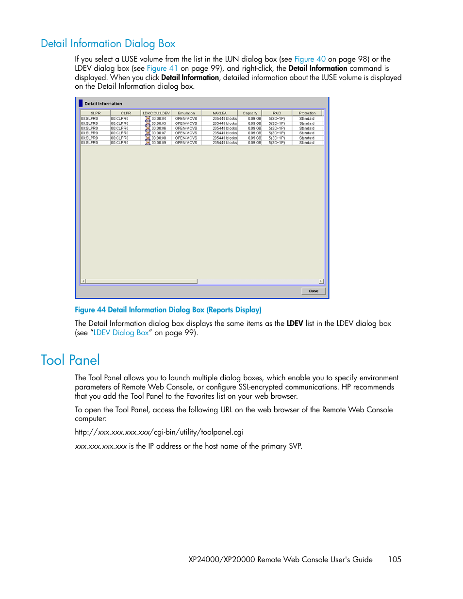 Detail information dialog box, Tool panel, Detail information dialog box (reports display) | HP StorageWorks XP Remote Web Console Software User Manual | Page 105 / 174