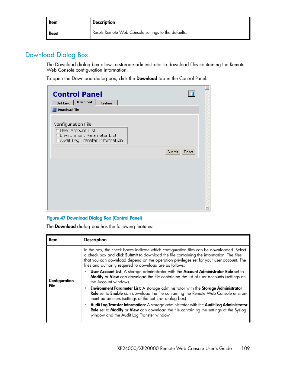 Download dialog box, Download dialog box (control panel) | HP StorageWorks XP Remote Web Console Software User Manual | Page 109 / 174